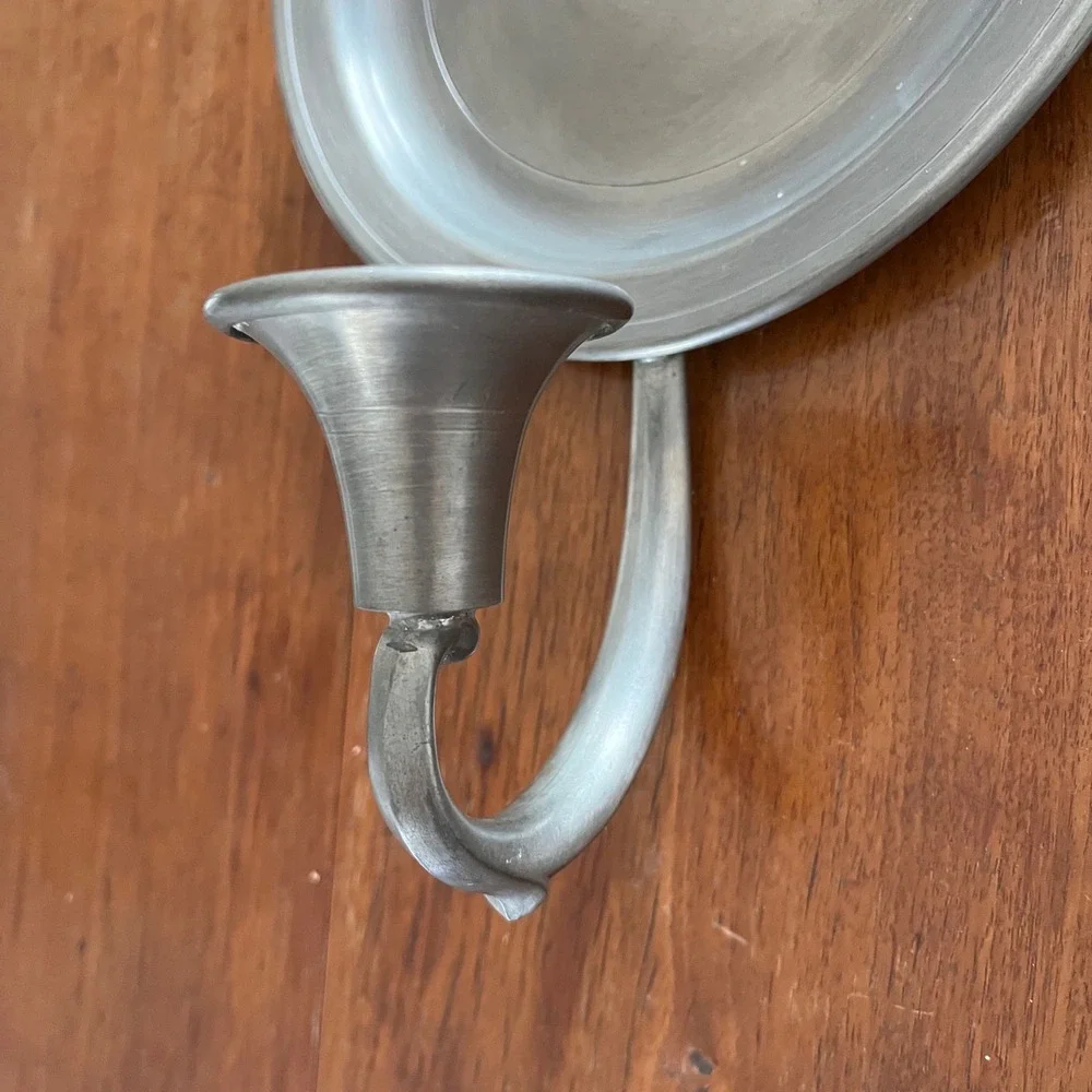 Vintage Pewter Candle Wall Sconce Pair Colonial Metal Reflection Taper Holder